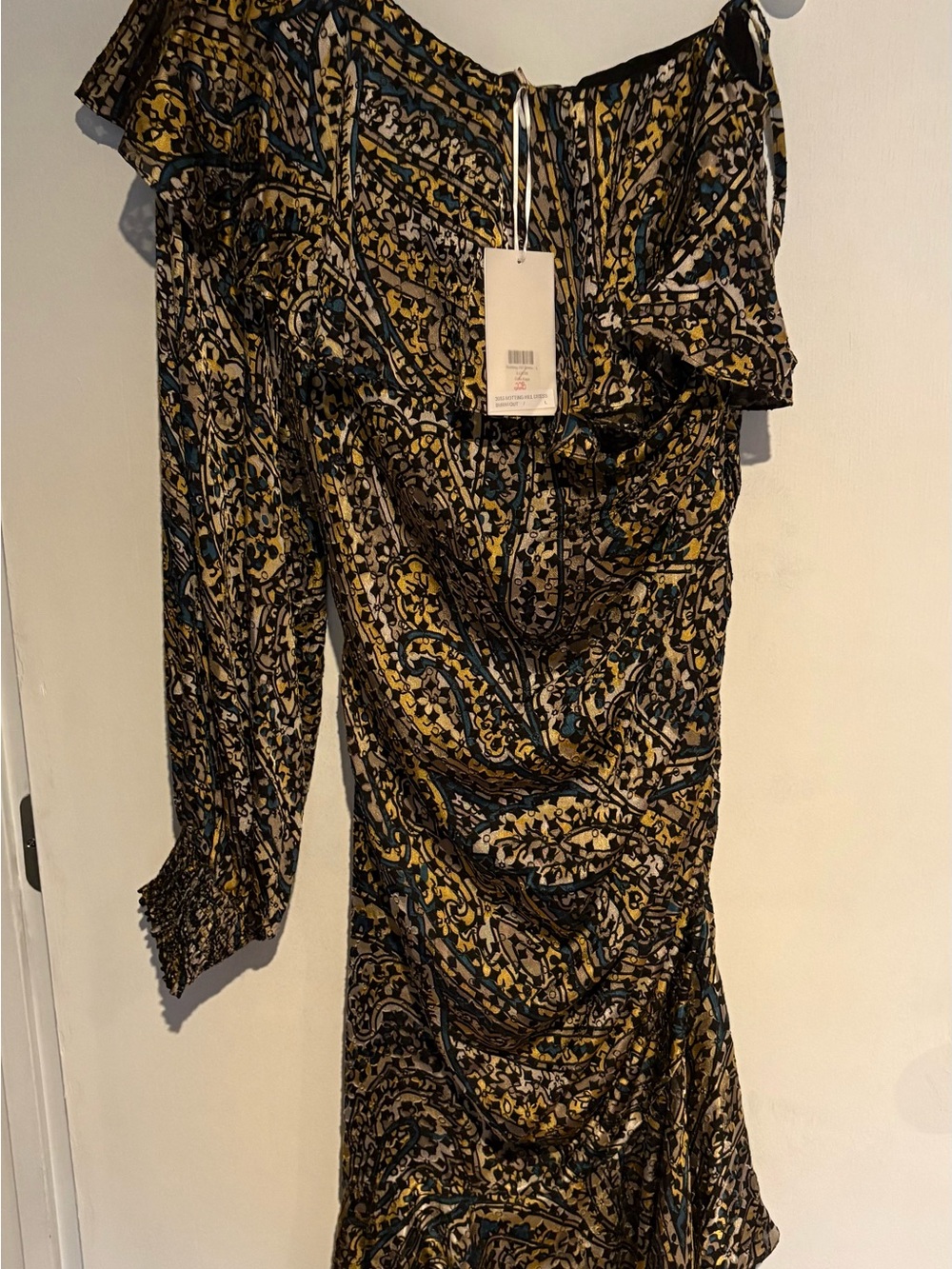 Caballero One-Shoulder Paisley Ruched Women’s Dress - Black & Yellow-gold & Teal